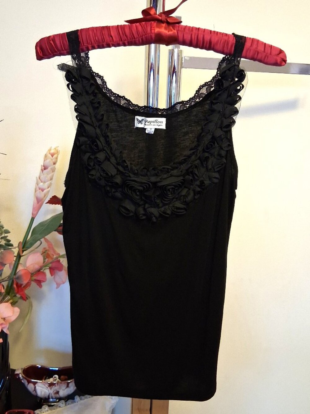 NWOT Papillon Women's Floral Design Black Camisole Top Sexy Tank Tops Slim Cami